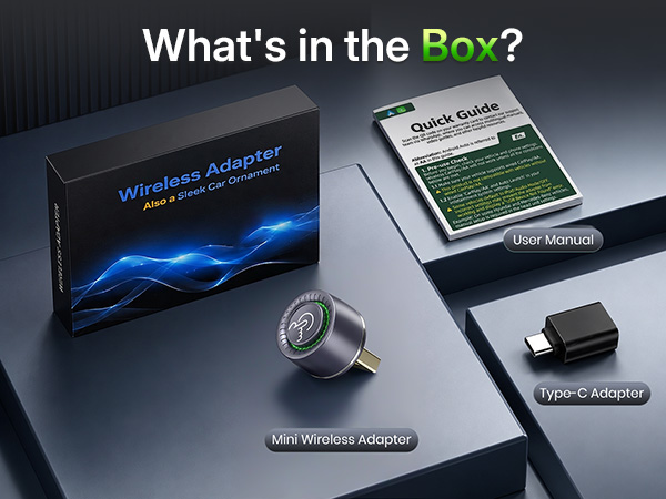 Wireless Android Auto adapter kit includes accessories for quick in-car USB setup.