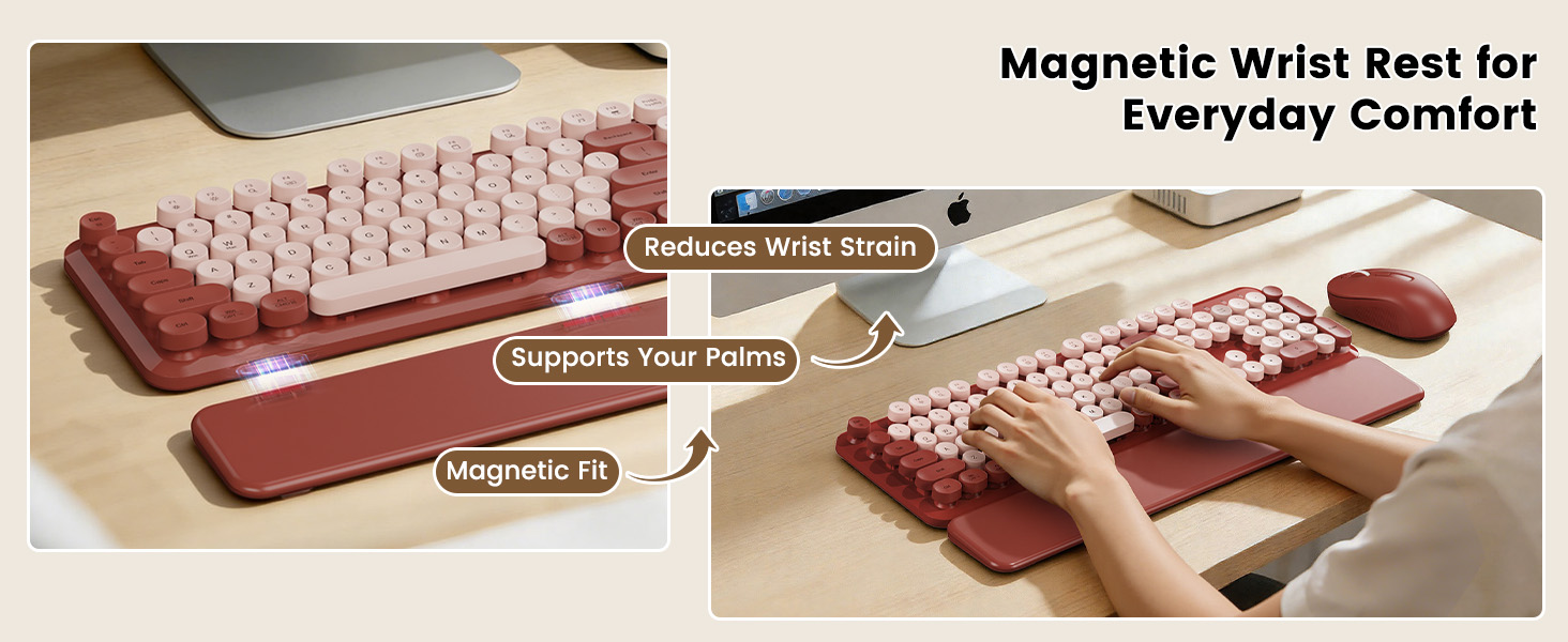 Burgundy retro keyboard and mouse with magnetic wrist rest for everyday comfort.