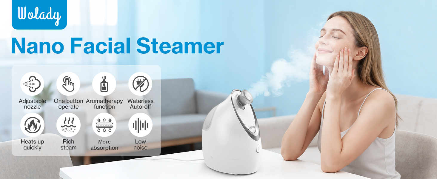 Text reads: 'Nano Facial Steamer' with brand name 'Wedola'. Product image shows white facial steamer device with demonstration of usage.
