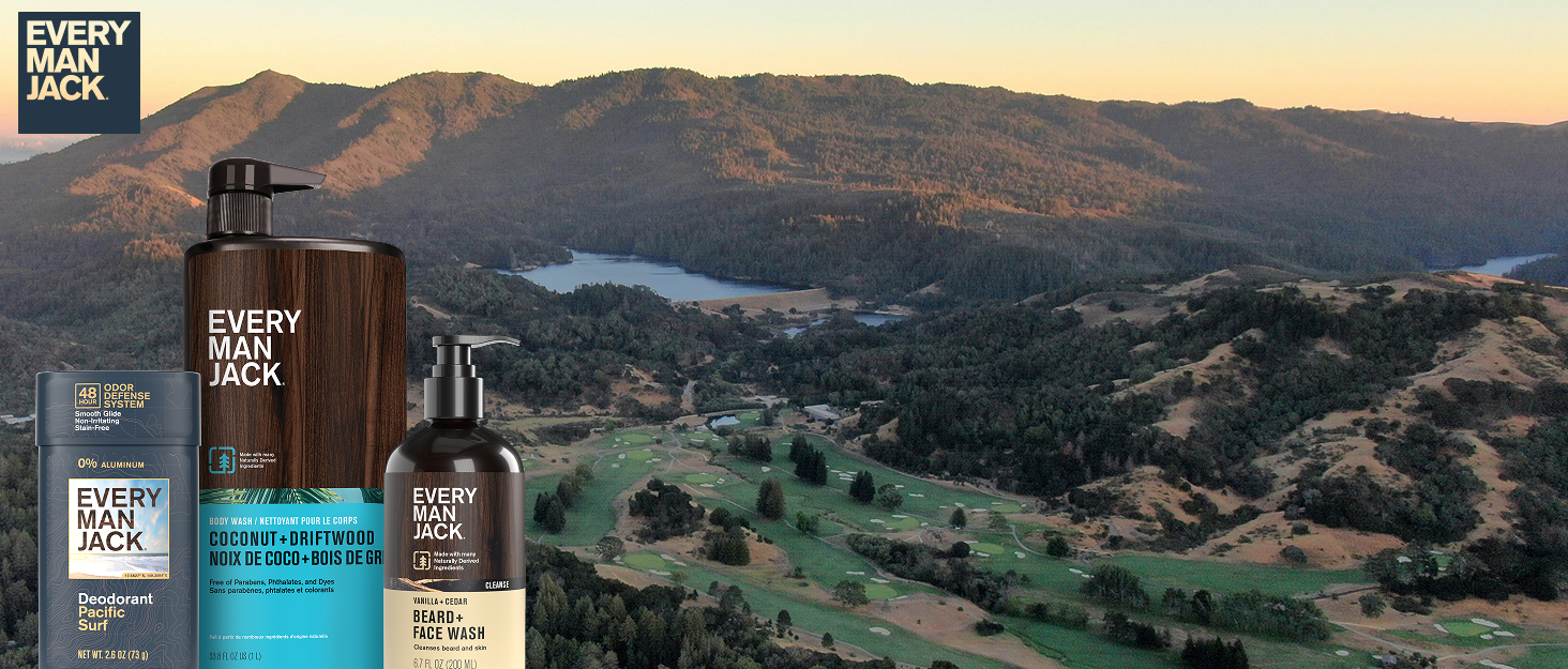 Mountain Background with Every Man Jack logo and products
