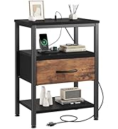DUMOS Bedside Table with Charging Station and Adjustable Fabric Drawer Compact Nightstand 3-Tier ...