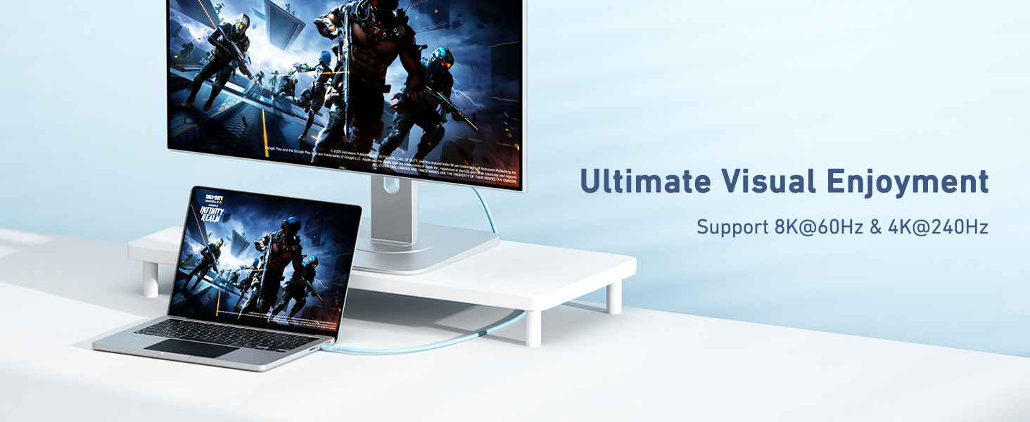 Text reads "Ultimate Visual Enjoyment" and "Support Wireless & Intuitive." Desktop computer monitor displaying film scene with laptop beside it, showing multimedia/entertainment content display setup.
