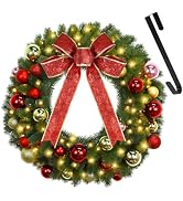 Juegoal 21 Inch Pre-Lit Christmas Wreath with Metal Hanger, Lighted Xmas Folded Wreath with 60 LE...