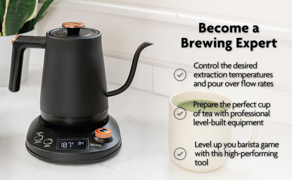control temperature & pourover flow rates & prepare barista-grade tea with professional equipment
