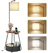 LUTEC Floor Lamp with Table, End Table with Charging Station(USB & Type-C & AC Port), Round SideT...