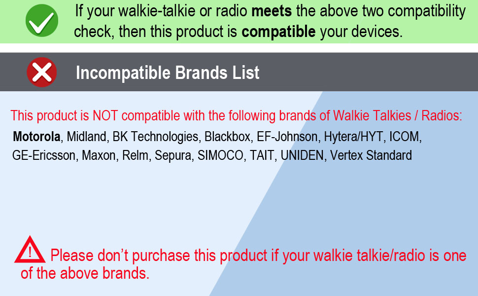 Incompatible brands list of CM01-K2P speaker mic