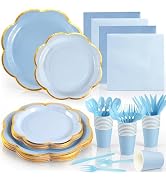 168Pcs Blue Paper Plates and Napkins Party Supplies, Scalloped Party Plates Cups Napkins Set, Lig...