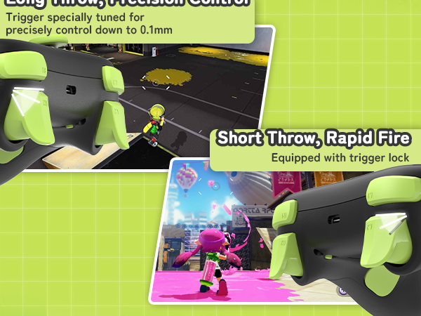 Text reads 'Short Throw Rapid Fire'. Gaming or toy weapon interface showing gameplay screenshots with green background and targeting display.