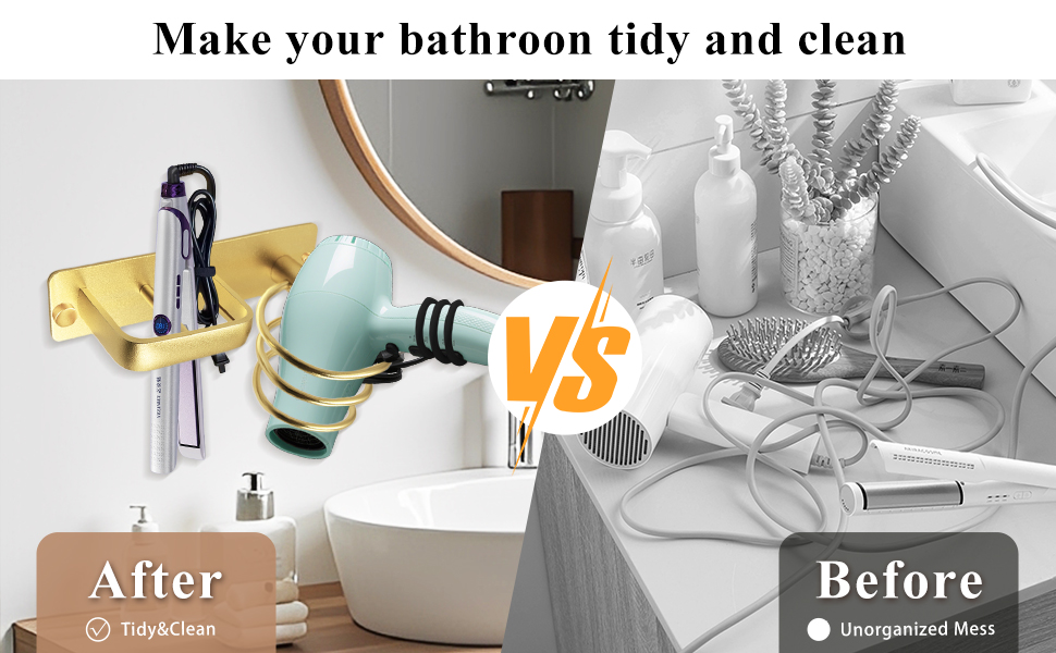 Text reads 'Make your bathroom tidy and clean' with 'Before' and 'After' comparison images showing bathroom organization transformation. Toiletries and accessories neatly arranged.