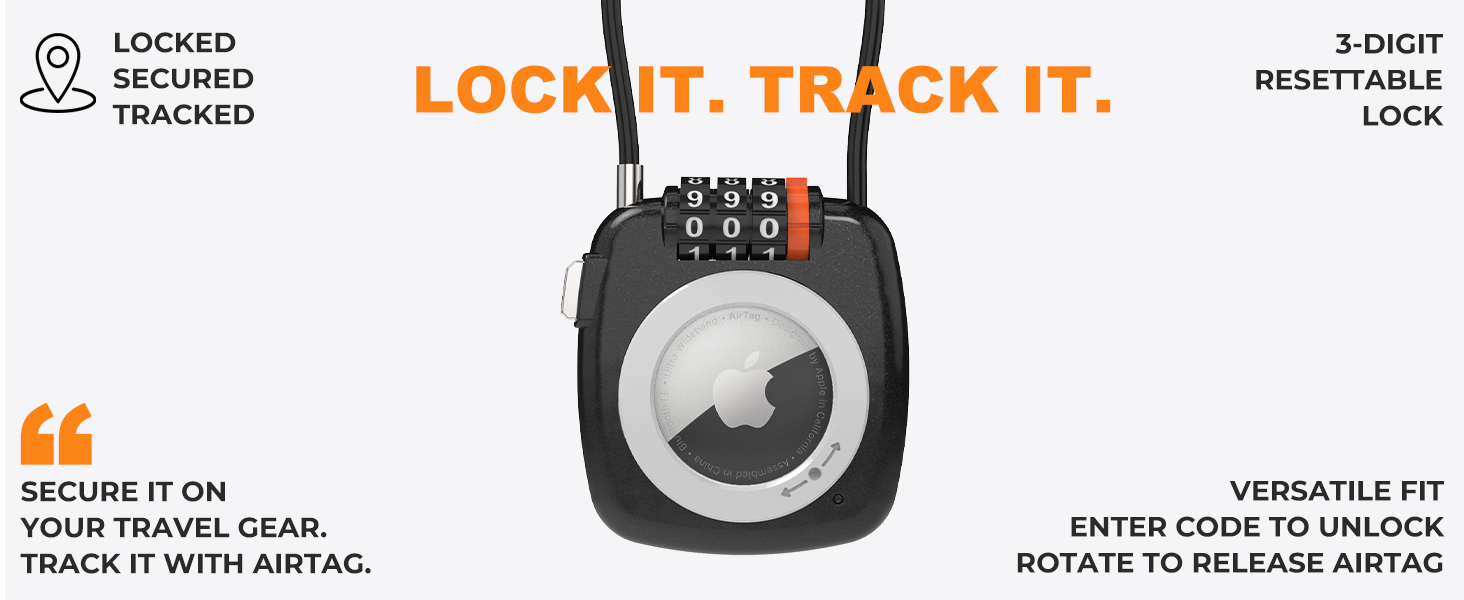 Hand holding black AirTag lock with combination cable for luggage and travel security.