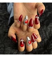 AKA Unicorn Handmade Press On Nails Medium Almond Shape,10Pcs Red Rhine stone Acrylic Fake Nails,...