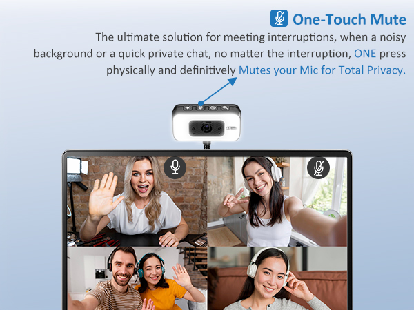 Text reads 'One-Touch Mute' and 'The ultimate solution for meeting interruptions. When a Zoom background or a quick private chat, no matter the interruption, one press pauses and defocuses. Mutes your Mic to fight Fatigue.' Web camera device shown with video conferencing grid displaying multiple participants.