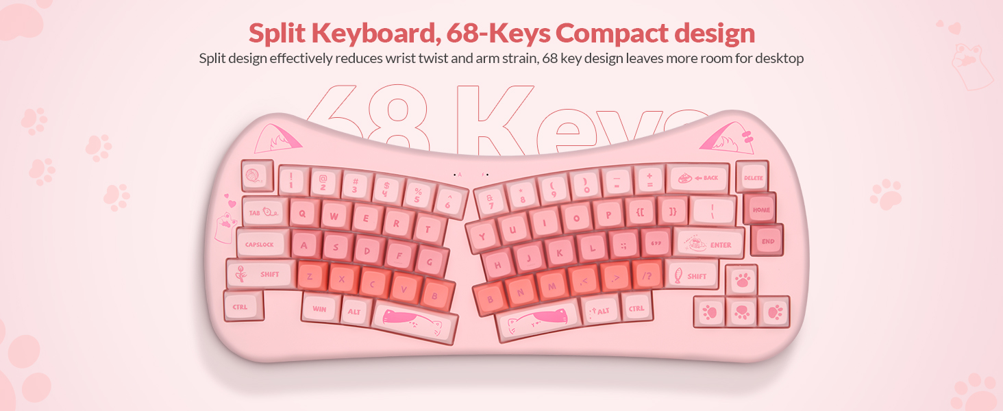 split keyboard, 68 key compact keyboard, wireless keyboard, cat keyboard, cute keyboard
