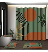 Tayney Boho Mid Century Shower Curtain Set with Toilet Lid Cover and Non-Slip Rugs, Green Backgro...