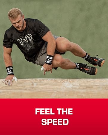 Image of man in TYR Shirt hurdling platform with text reading feel the speed.