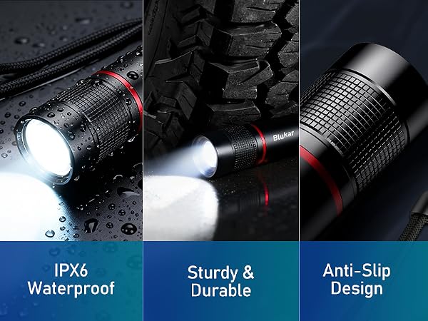 Text reads 'IPX6 Waterproof', 'Sturdy & Durable', 'Anti-Slip Design'. Multiple product shots of black tactical flashlight showing waterproof features and textured grip.