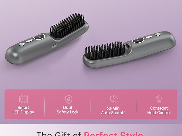 Cordless heated styling brush with LED display, safety lock, auto shutoff, and heat control.
