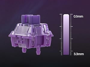 Technical diagram showing purple 3D component measurements with scale indicators showing '0.1mm' and '3.3mm'.