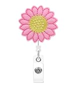 Pink Retractable Badge Holder, Embroidered Sunflower Badge Reel with 360° Swivel Alligator Clip, ...