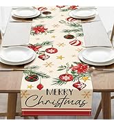 Croar Merry Christmas Ball Dining Table Runner, Xmas Poinsettia Pine Needle Snowflake Stars Burla...
