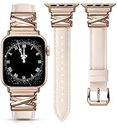 Minyee Leather Band Compatible with Apple Watch 42/41/40/38/44/45/46/49mm Women,Dressy Slim Premi...