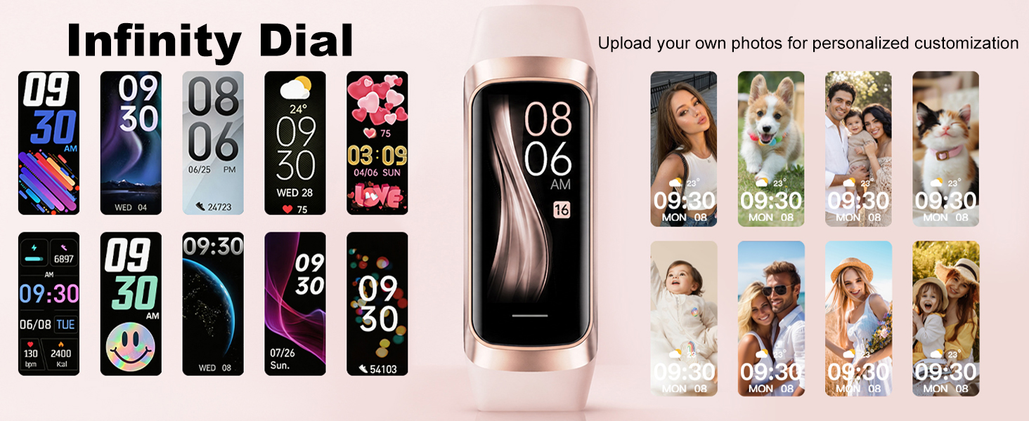 Smart fitness tracker with multiple watch faces and custom photo dial