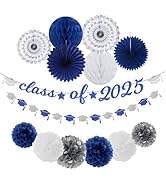 Navy-Blue White-Silver Party-Decoration Graduation Banner - 14pcs Kits Cap Garland Streamers, Roy...