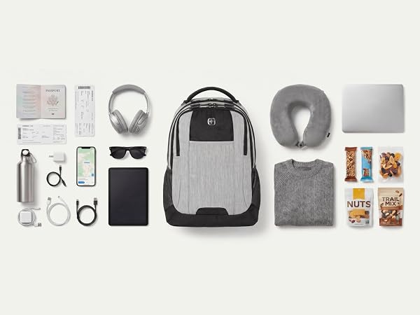 Flat-lay of a laptop backpack packed with a laptop, tablet, over-ear headphones, and a water bottle