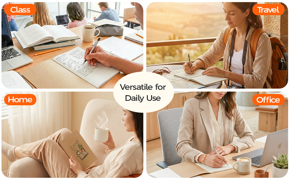 Text reads: 'Office', 'Versatile for Daily Use'. Collage showing multiple views of people working at desks, highlighting versatile office furniture and workspace scenarios.