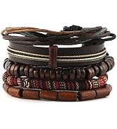 HZMAN Wrap Bracelets Men Women, Hemp Cords Wood Beads Ethnic Tribal Bracelets, Leather Wristbands