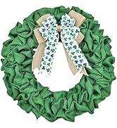 St. Patrick's Day Burlap Fabric Wreath for Front Door 13.7 Inch Artificial Spring Green Garland D...