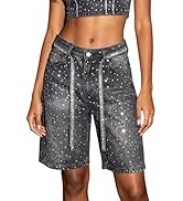 Inroserm Women's Y2K Baggy Wide Leg Rhinestone Bermuda Denim Shorts Mid Rise Summer Sparkly Short...