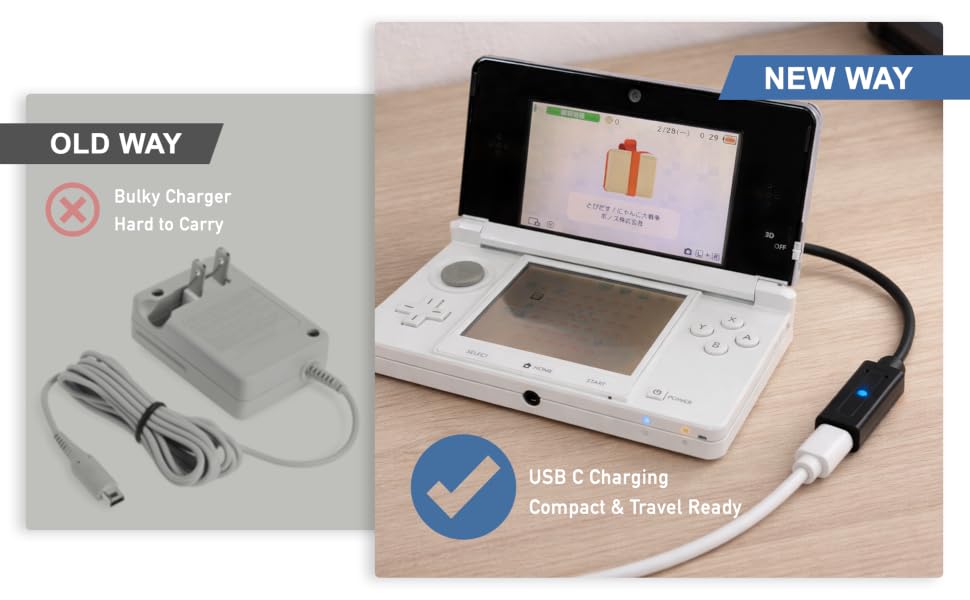 USB-C charging a Nintendo 3DS with a compact adapter and LED indicator.