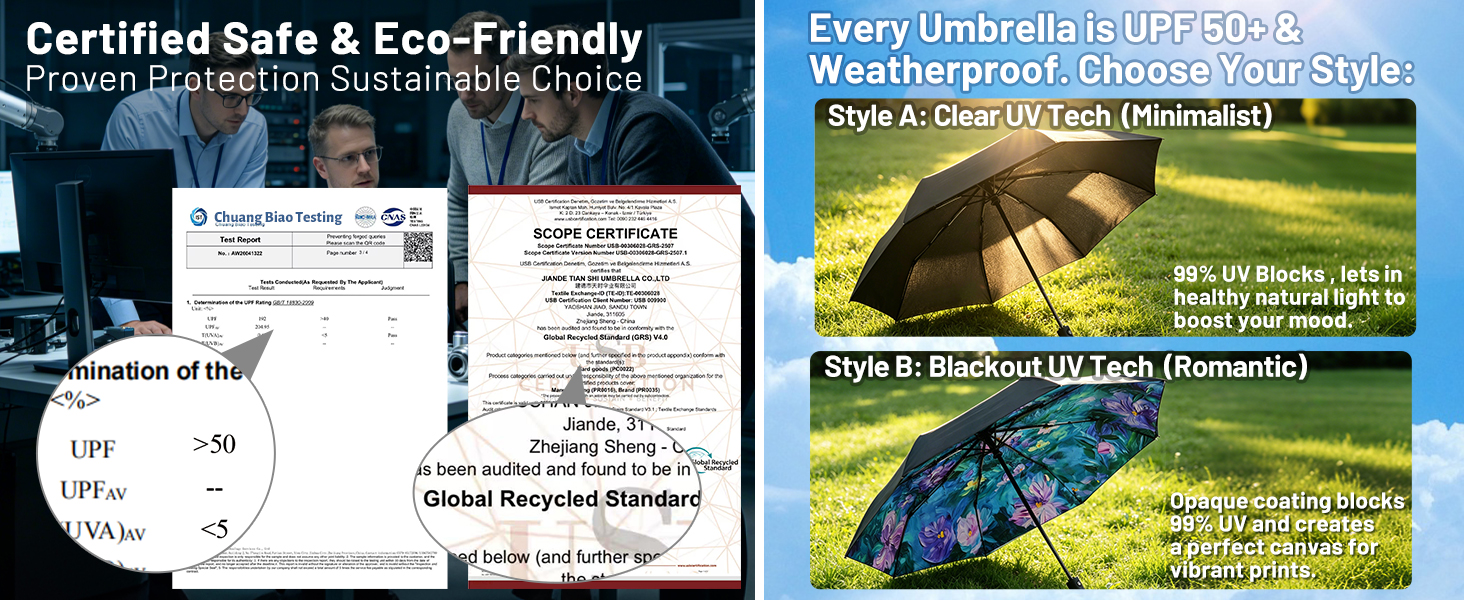 UPF 50 UV protection sun umbrella. Stylish portable parasol with clear UV technology.