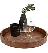 HofferRuffer Faux Leather Round Serving Tray, Vegan Croco Leather Decorative Food Tray for Storag...