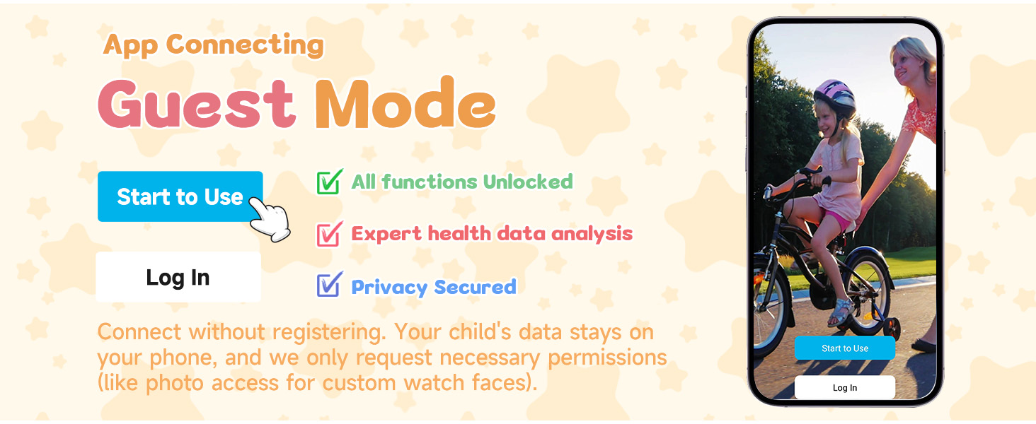 Smartphone app interface for 'Guest Mode' with features like 'All Functions Unlocked' and 'Privacy Secured'. Shows a child riding a bike with an adult in the background.