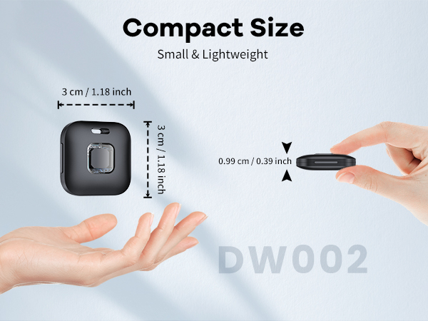 Text reads 'Compact Size', 'Small & Lightweight', 'DW002'. Technical diagram showing device dimensions with measurements and hands for scale reference.