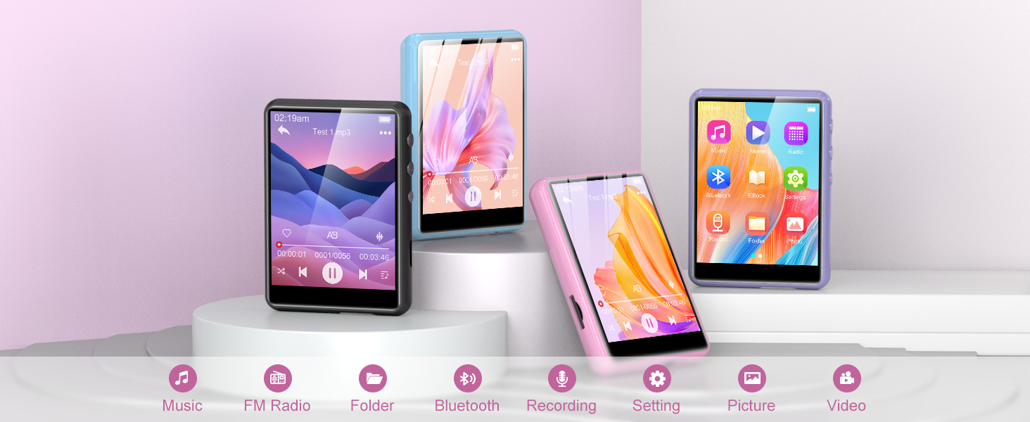 Display of multiple tablet devices showcasing different colorful interfaces and apps, arranged on a white surface against a pink background.