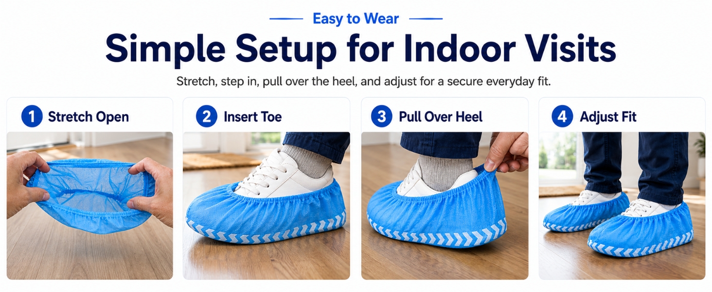 Four-step guide showing how to put on blue disposable shoe covers