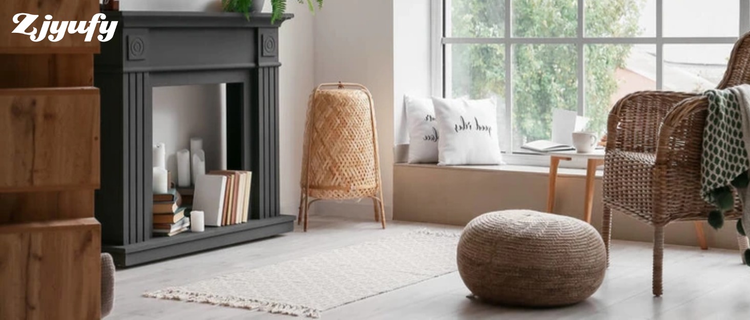Cozy living room with fireplace, woven floor lamp, rattan chair, and round pouf. White rug, window with natural light, and decorative items on mantel create a warm atmosphere.