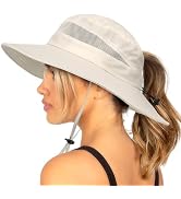 Waterproof Bucket Sun Hat for Women Wide Brim Breathable Mesh UPF50+ Safari Hat Criss Cross Ponyt...