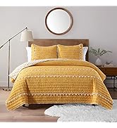 Boho Style Yellow Queen Quilt Set with Tassle, Soft and Lightweight Bedspread for All Season, Ful...
