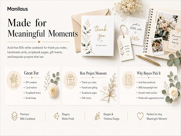 80lb white cardstock for invitations, RSVP cards, menus and event details