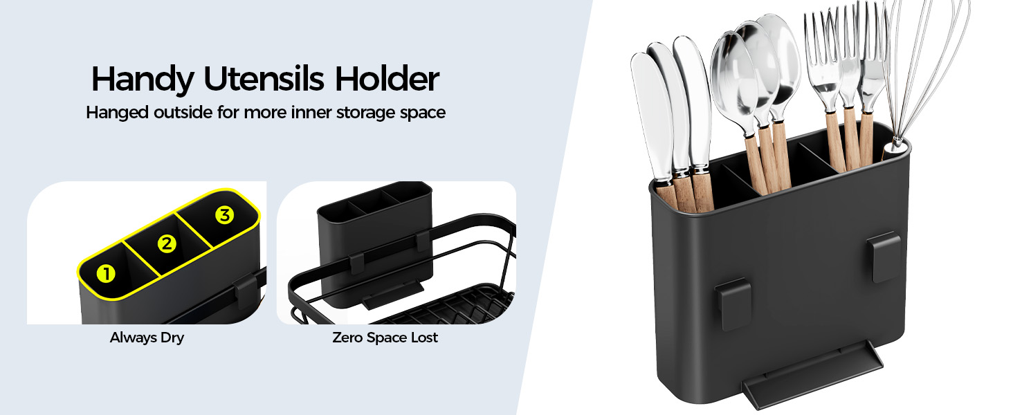Text reads 'Handy Utensils Holder' and 'Hangos utensils up more extra storage space' with small cable organizer labeled 'Arranay Org' and 'Anti Clutter Tool' shown alongside black utensil holder container with wooden-handled tools.