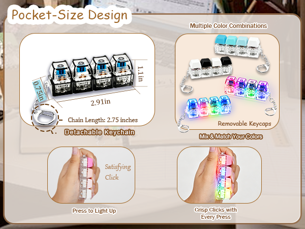 Compact keyboard fidget keychain with dimensions, removable keycaps, and color options.