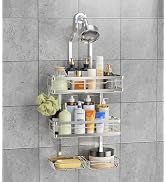 OMAIRA Shower Caddy Hanging with Soap Scrub Holder, Stainless Steel Adjustable No Drilling Non-Sl...