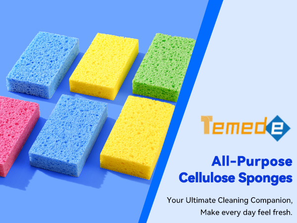 Colorful cellulose sponges displayed on a light blue background, showing rectangular sponge shapes.