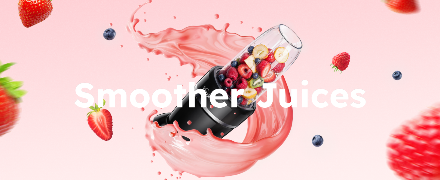 Sangcon blender blending strawberries, berries, bananas, and kiwi into a smooth fruit drink.