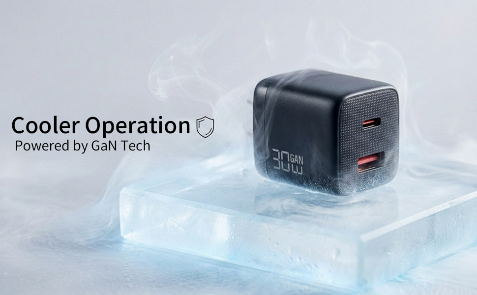 GaN Tech Cooler Charging Safety Protection FCC Certified Dual Port USB C Wall Plug