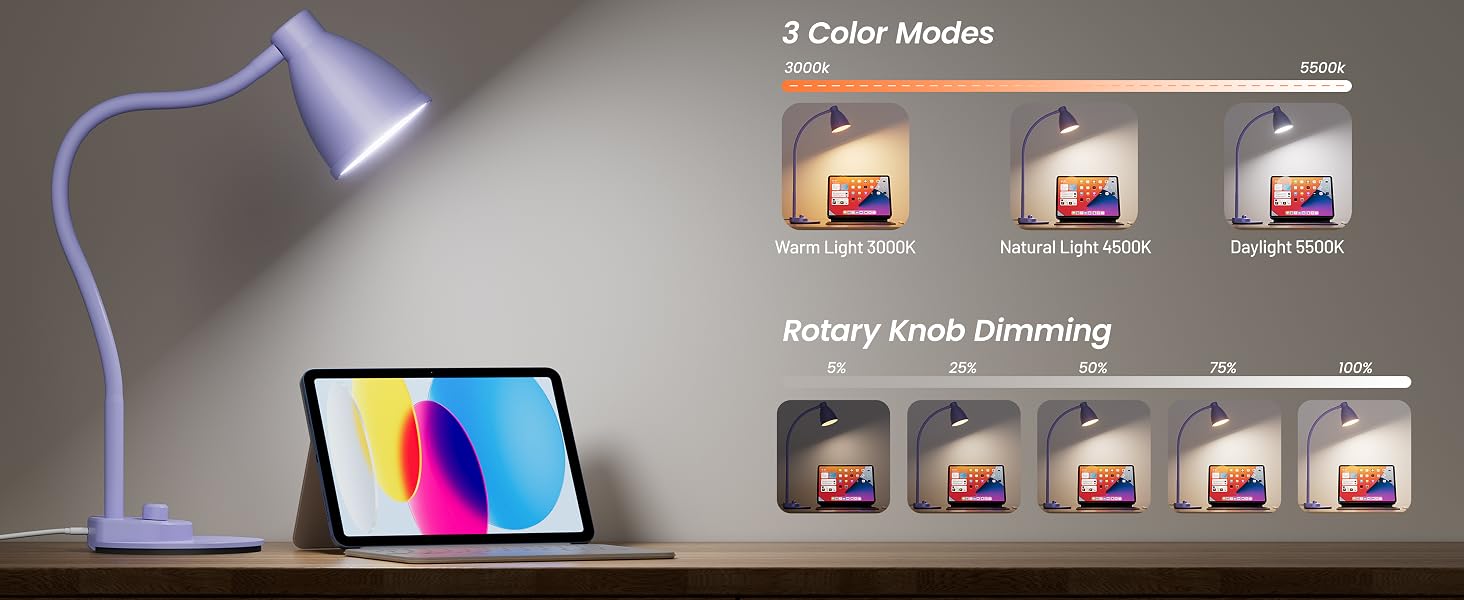 LED Desk Lamp with USB Charging Port Dimmable Reading Lamp Task Table Light Office Dorm Bedside